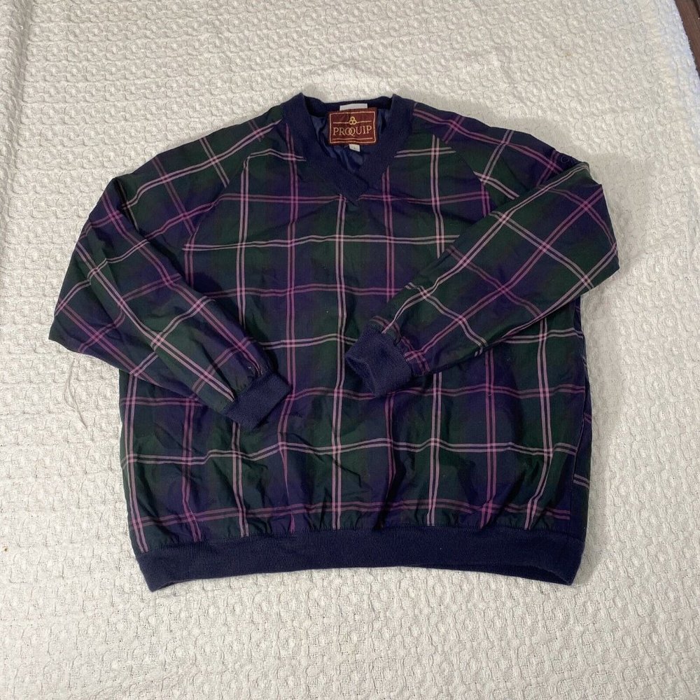 PROQUIP Golf Windbreaker Fully Lined Blue Green Pink Plaid Pullover Mens Large